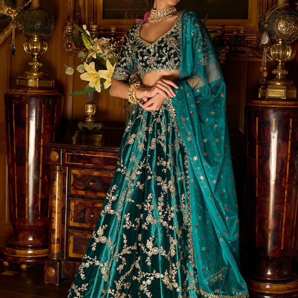 Teal Embroidered Lehenga Choli - Picture 3 of 15